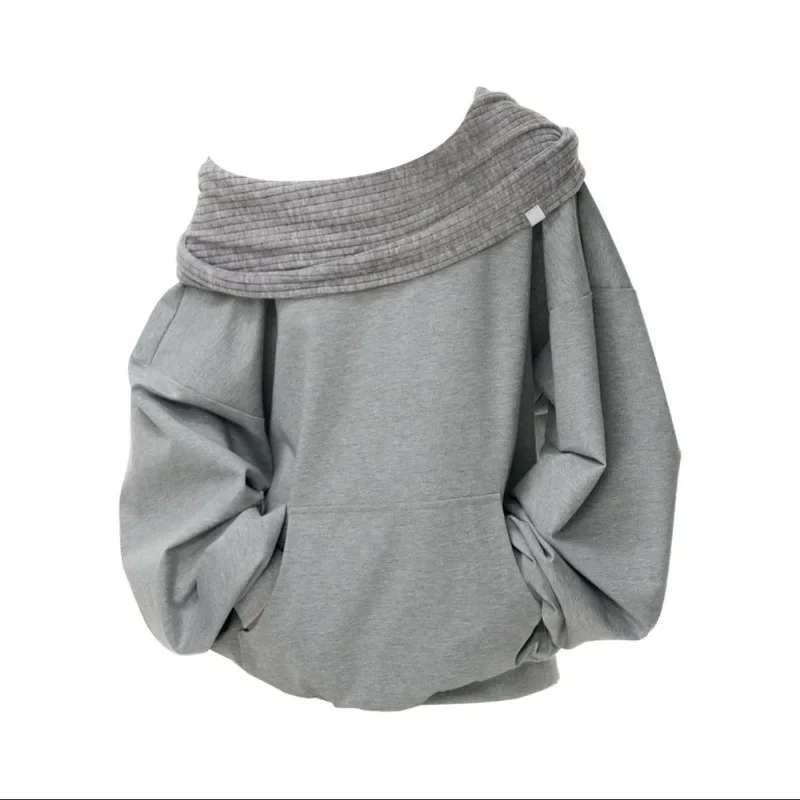 سترة رمادية بأكمام طويلة مع قلنسوة للنساء للخريف نمط كسول ملابس نسائية موضة بلوزات Y2k ثقافية فرعية