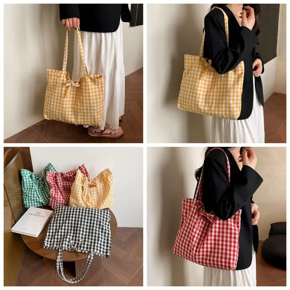 

Ins клетчатая сумка на плечо с галстуком-бабочкой, корейская легкая клетчатая сумка-тоут, повседневная сумка для покупок большой вместимости для женщин