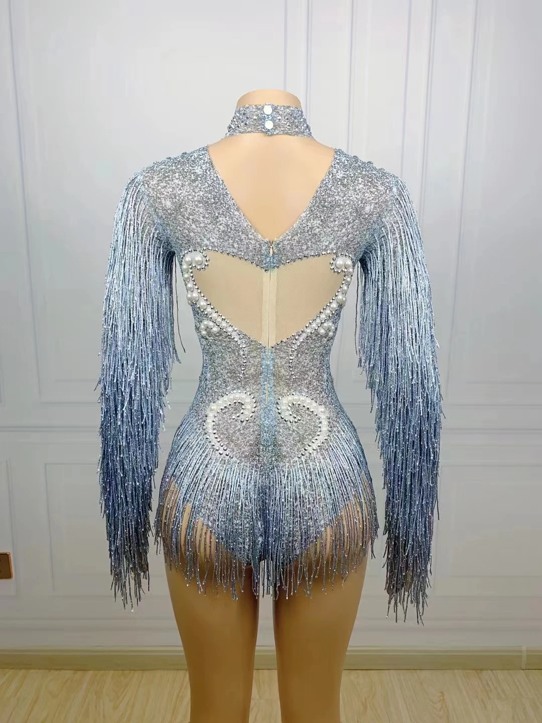 Fashion Gray Fringe Silver RhinestonesPearlsTransparent Bodysuit Women DanceShowCostume Birthday Party Outfit  D025