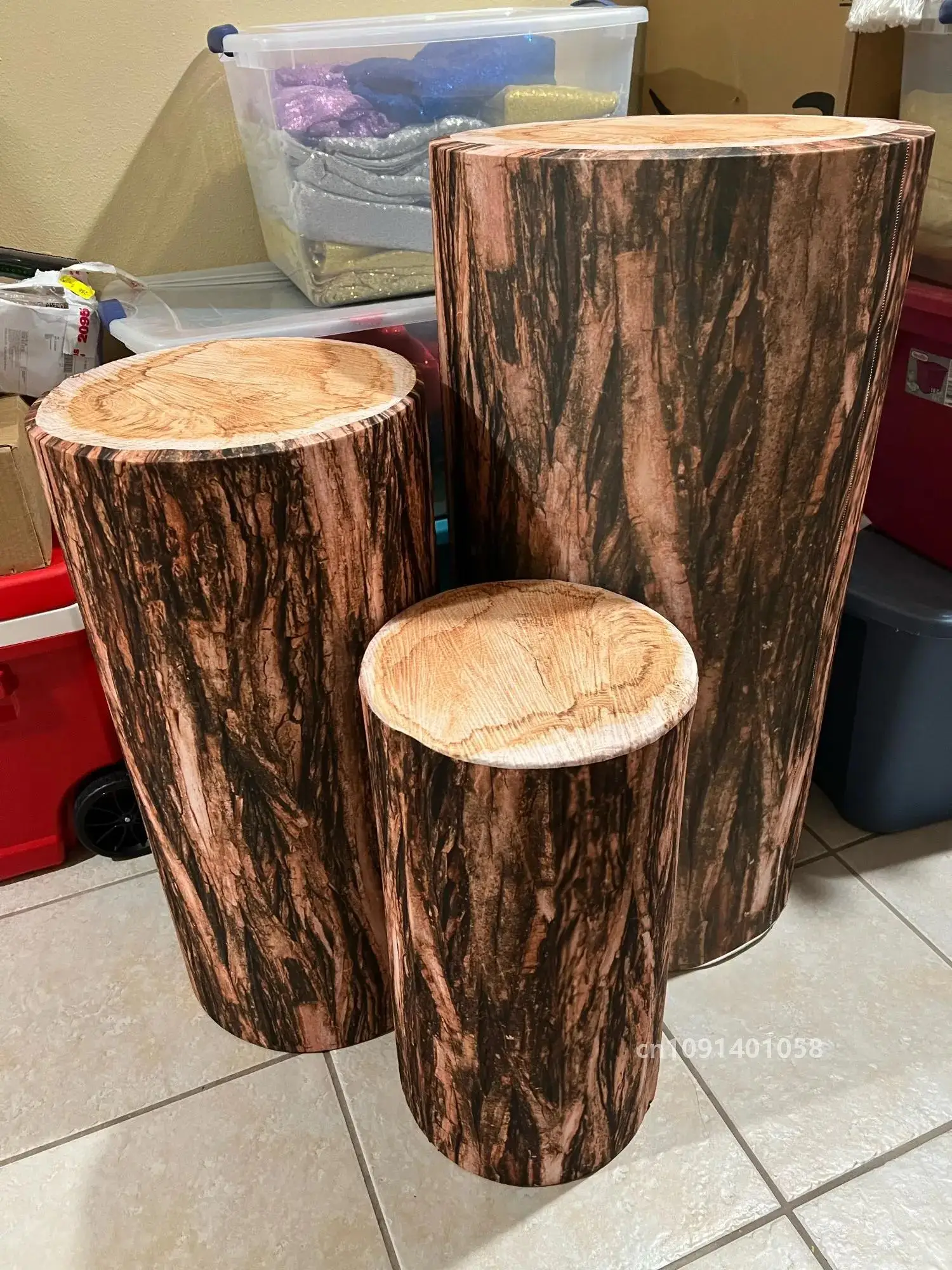 Wood Cylinder Wooden Plinth Pedestal Covers for Birthday Party Decoration Wood Bark Texture Cylinder Cover Elastic Dessert Table