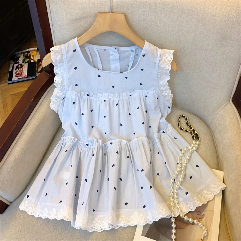 

Blue Lace Splice Sleeveless Doll Shirt Women's Spring Summer Sweet Small Size Slimming Personality Top Korean Style Commute Wind