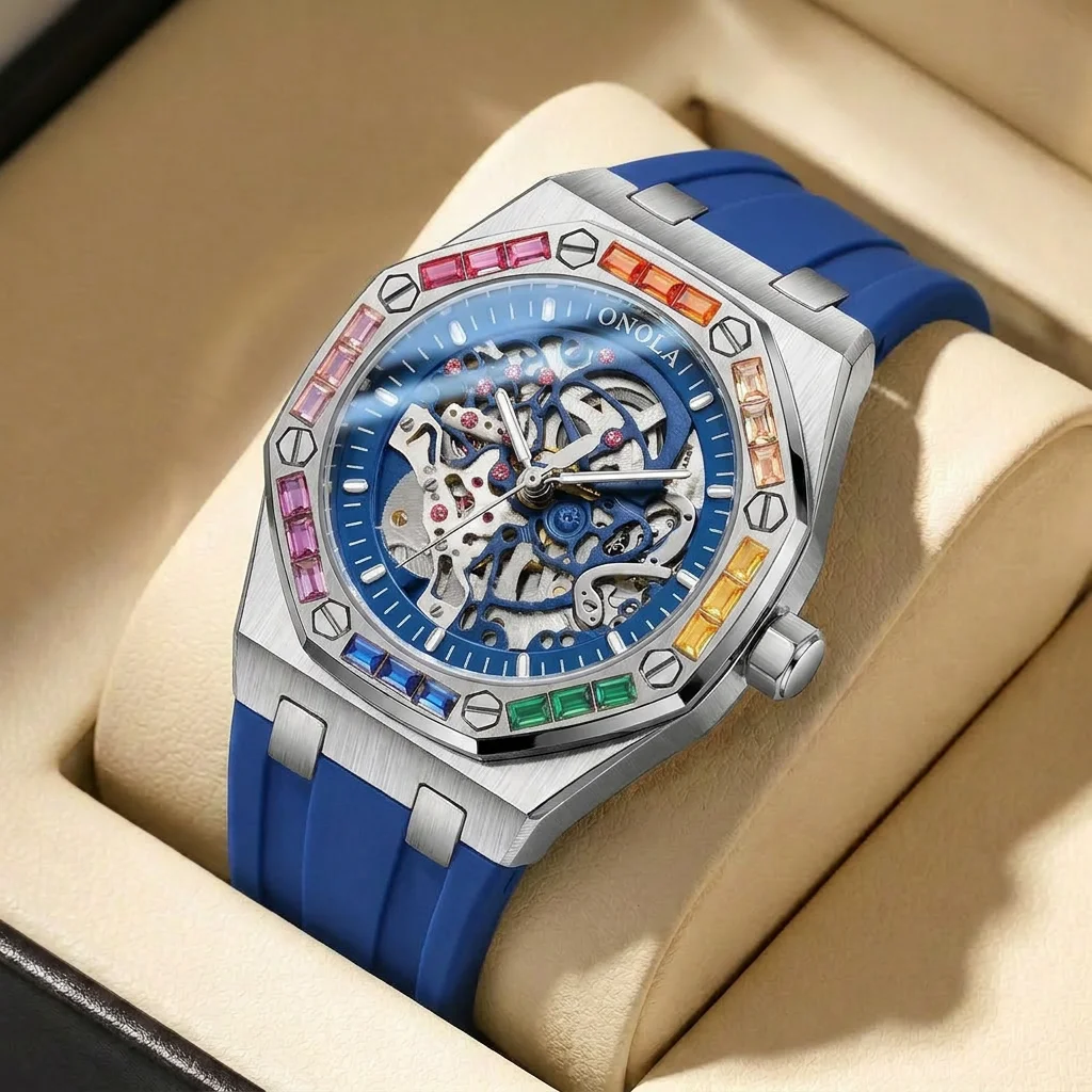 

1pcs Men's silver dial silicone strap vintage fashion tonneau skeleton sporty details Mechanical Watch for business party holida