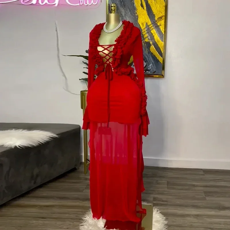 Fashion Women Set Mesh Full Sleeve Street Sweet Crop Tops Shirts + Long Skirts Suits  Ruffles Two 2 Piece Sets Dress