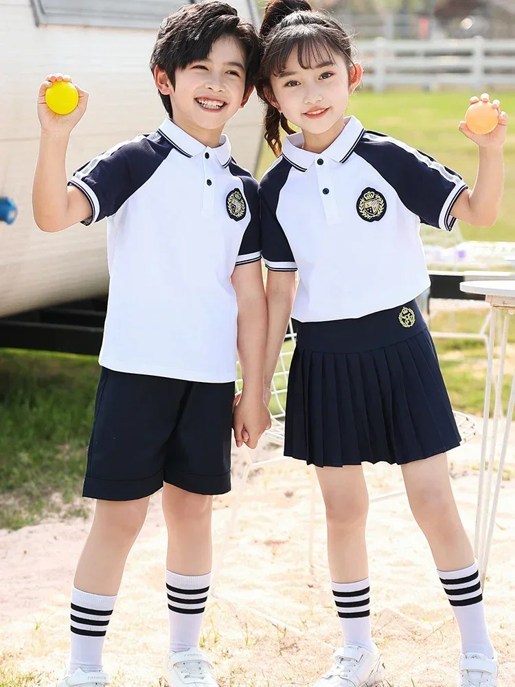 Uniforme escolar primário para meninos e meninas, roupa esportiva infantil de manga curta, terno de verão, escola secundária, verão