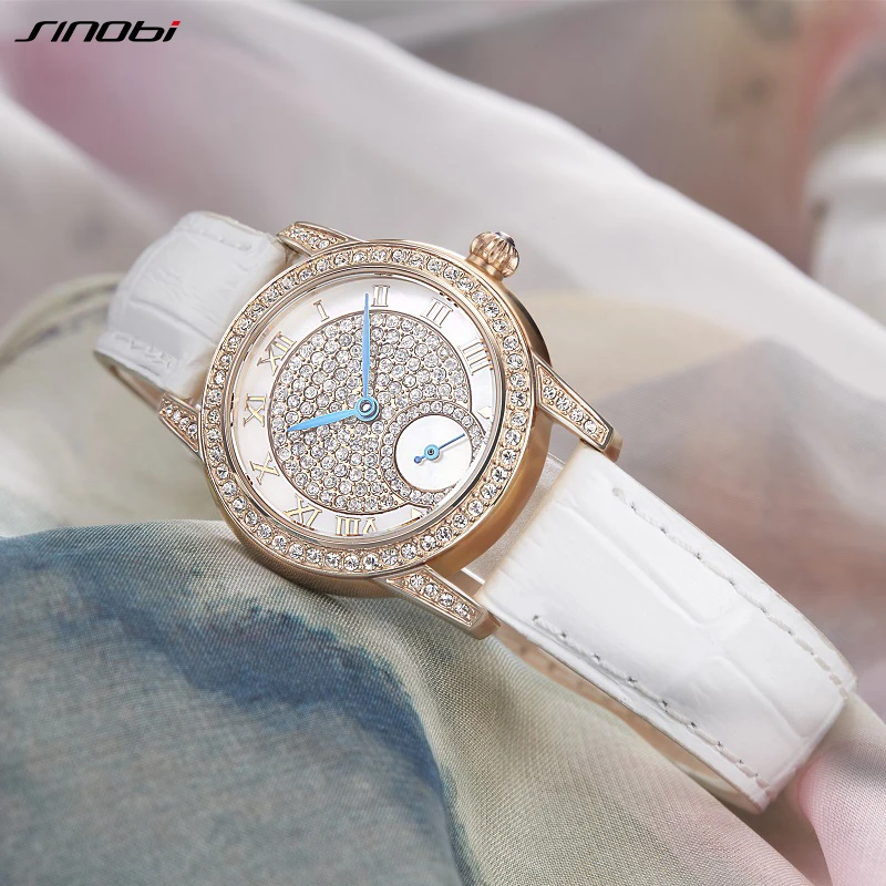 SINOBI Fashion High-End Women Watches Diamond Ladies Quartz Wristwatches White Leather Elegant Woman's Clock 5 Bar Waterproof