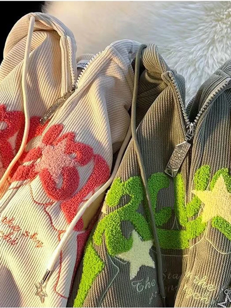 الأمريكية الرجعية التطريز هوديس المرأة الخريف الشتاء زمم بلوزات الشارع الشهير الرباط رسالة مقنعين القمصان السترات