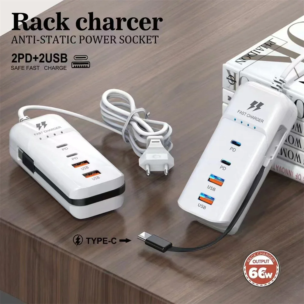 66W 4 Ports USB Charger PD Fast Charging Phone Travel Power Socket Adapter Type C Cable For iPhone Xiaomi Samsung Wall Charger