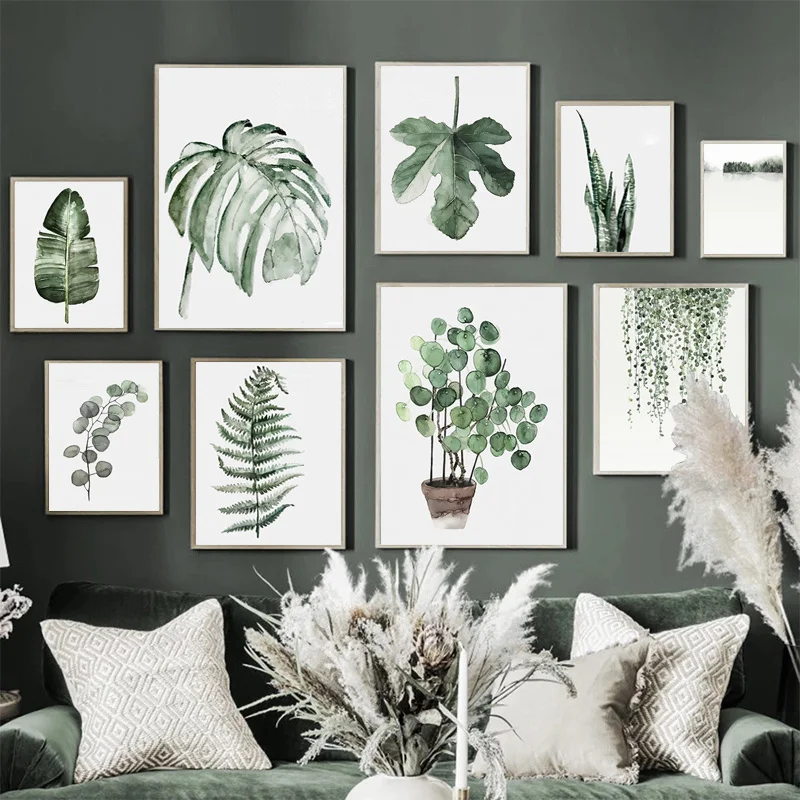 Modern Scandinavia Green Plants Leaves Nordic Wall Art Print Canvas Painting Posters Picture for Living Room Interior Home Decor