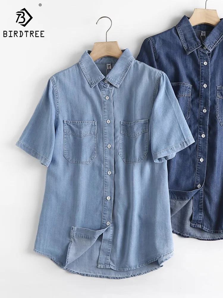 Short Sleeve Denim Shirt Women's Spring Summer Soft Jeans Outer Wear Pocket Blouses Drape Thin Coat TopsT32602Z