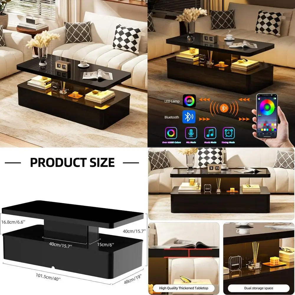 

современные журнальные столики для гостиной, небольшой глянцевый журнальный столик, светодиодный журнальный столик, центральный стол с двойным местом для хранения вещей.