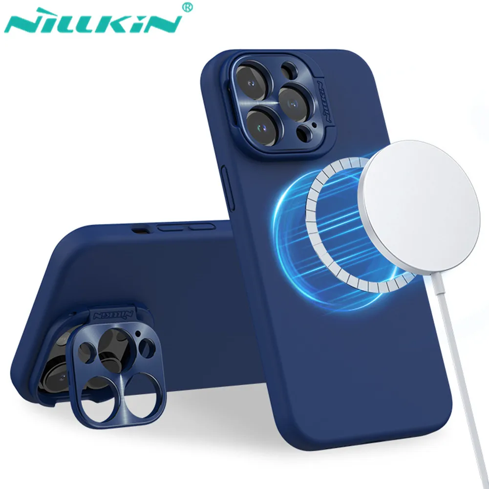 NILLKIN For iPhone 15 ProMax Magsafe Case Lens Wing Case Foldable Stand Lens Protection Soft Silicone Cover For iPhone 14 ProMax