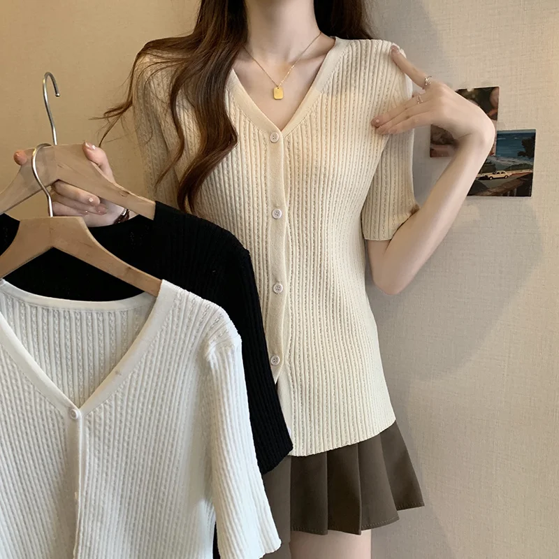 Summer XL-4XL Largee Size Knittd Cardigan Female V-Neck Short Sleeve Oversize Tops Loose Ice Silk Knit Sweaters Single Breasted