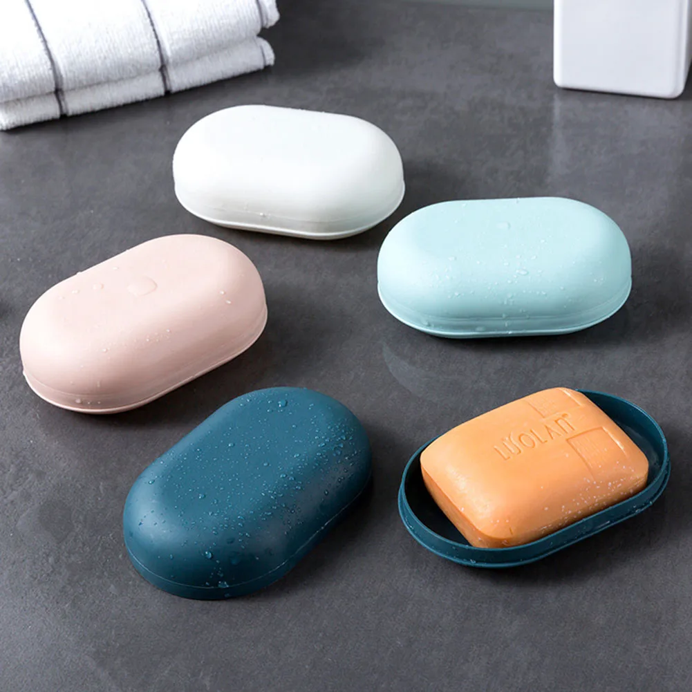 1pc Portable Oval Soap Box Sealed Lid Travel Shower Bathroom Storage Container Case