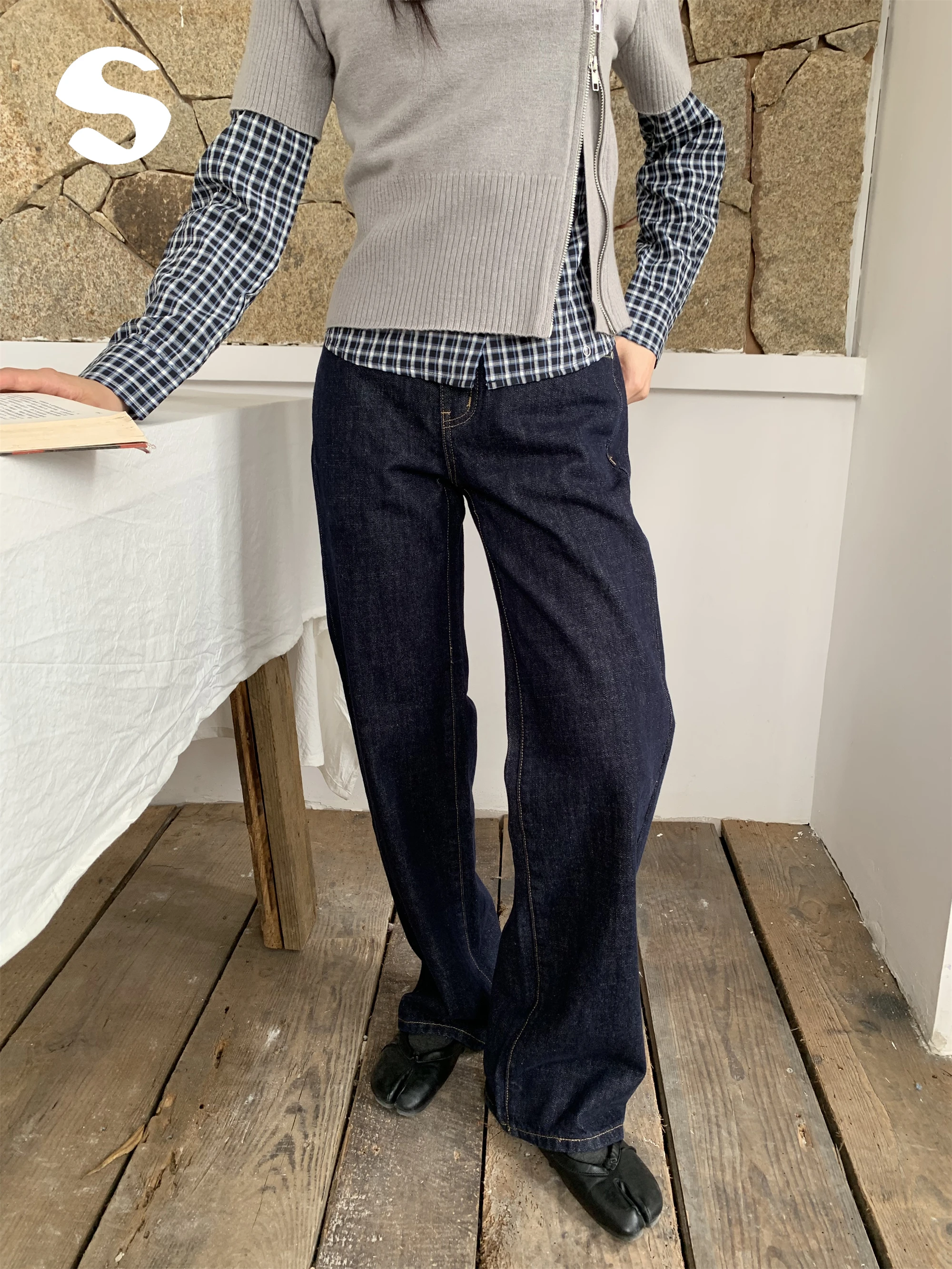 

Классические универсальные темно-синие корейские джинсы в стиле ретро, прямые, повседневные, с высокой талией, из хлопка, на молнии, однотонные, на все сезоны