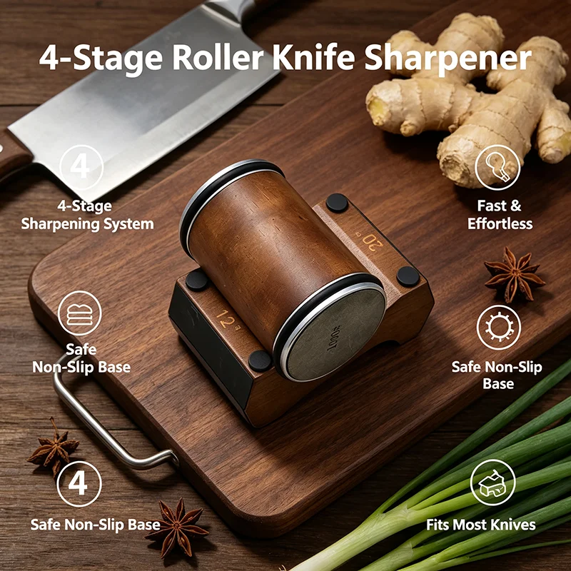 Rolling Knife Sharpener 4 Angles 12/15/18/20 Wooden Base Magnetic Suction Pro Kitchen Chef Knife Sharpeners Diamond Stones Tools