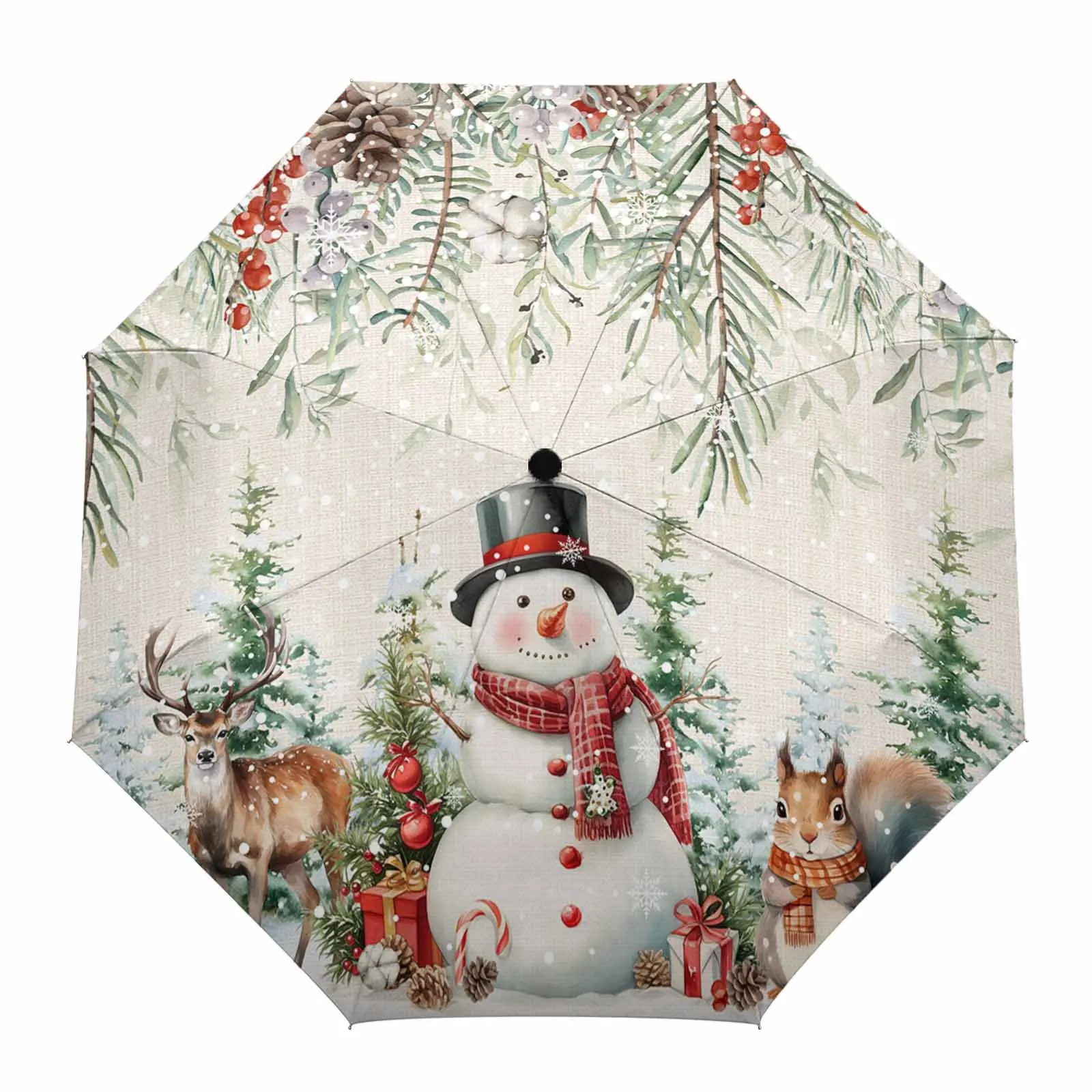 Christmas Berry Pine Snowman Squirrel Outdoor Beach Printed Rain Umbrella for Women Fully-automatic Foldable Sun Umbrella