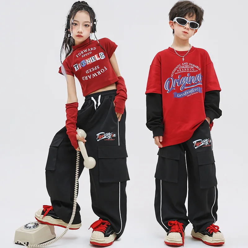 Kid Hip Hop Clothing Wine Red Sweatshirt Crop Top T Shirt Vest Black Casual Cargo Pants for Girl Boy Jazz Dance Costumes Clothes