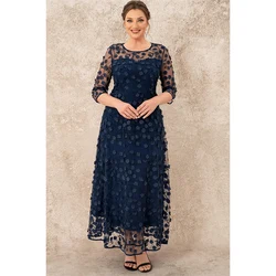 Plus Size Mother Of The Bride Navy Blue Mesh Stereo Flowers Tunic Maxi Dress Round Neck Long Dress