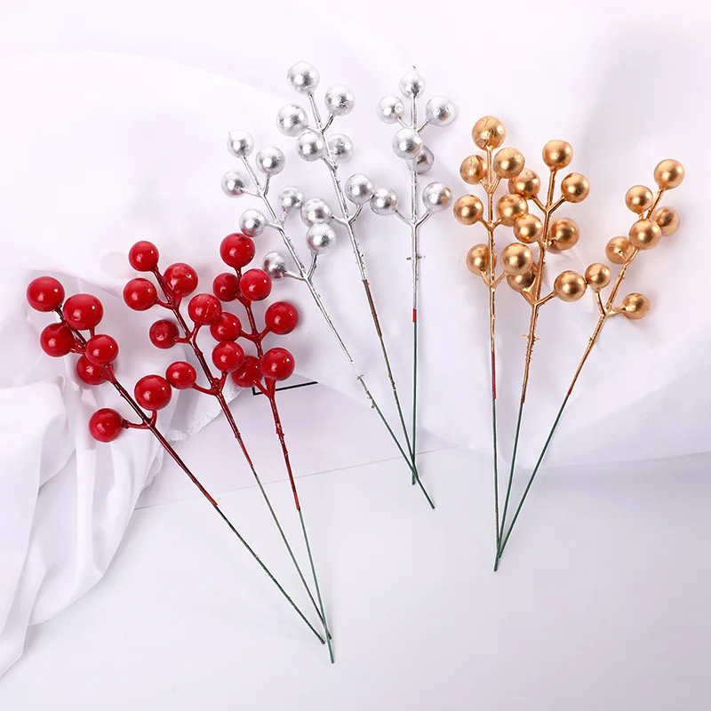 

3PCS Artificial Red Gold Berry Stems Burgundy Picks Holly Berries Branches for Christmas Tree Crafts Wedding Holiday Decorations