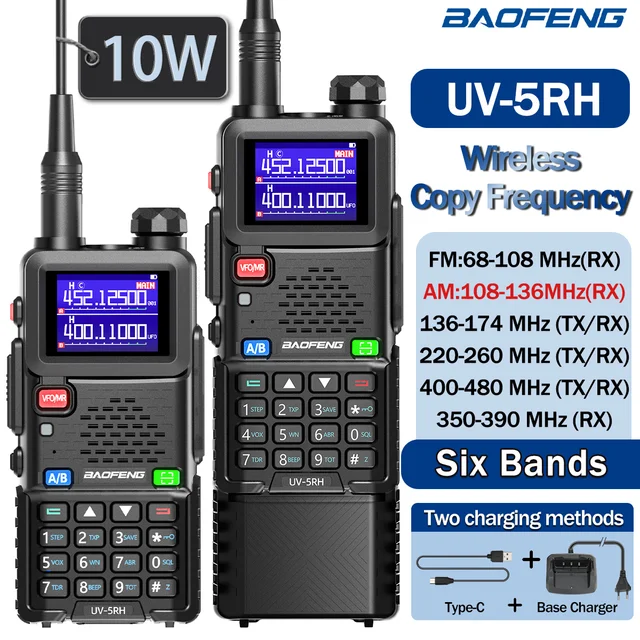 Radiotelefon Baofeng UV-5RH 10W z pasmem lotniczym, dalekiego zasięgu, bezprzewodowy, z funkcją kopiowania częstotliwości, Type-C, Baofeng UV-5R MINI UV-21 PRO, radiotelefon dwukierunkowy dla radioamatorów.