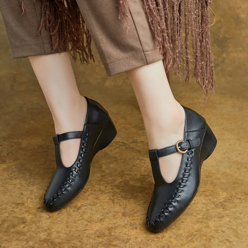 Birkuir Retro Wedges Shoes For Women Weave Pointed Toe Buckle Thick Heel Shoes Genuine Leather Luxury 4cm Heels Leisure Shoes