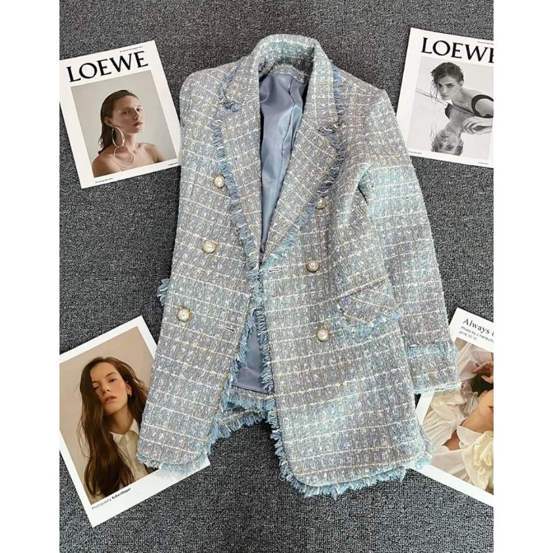 Lake Blue Fashion Suit Jacket 2024 New Spring Women Double-breasted Design Outcoat Female Large Size Casual Versatile Outerwear