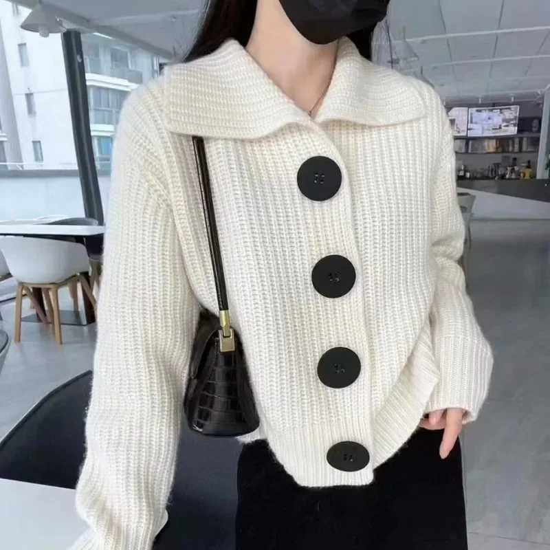 2024 autunno e inverno nuovo a maniche lunghe sciolto stile coreano alla moda grande bottone risvolto Cardigan lavorato a maglia maglione cappotto da donna