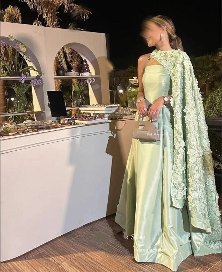 

Elegant Sage Green Satin Evening Dresses With Jacket 3D Flowers Strapless Saudi Arabic Party Formal Occasion Prom Gowns P24128