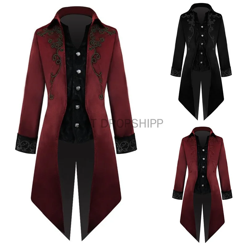 

Mens Medieval Embroidery Jacket Steampunk Tailcoat Fake Two Piece Waistcoat Gothic Tuexdo Christmas Cosplay Costume