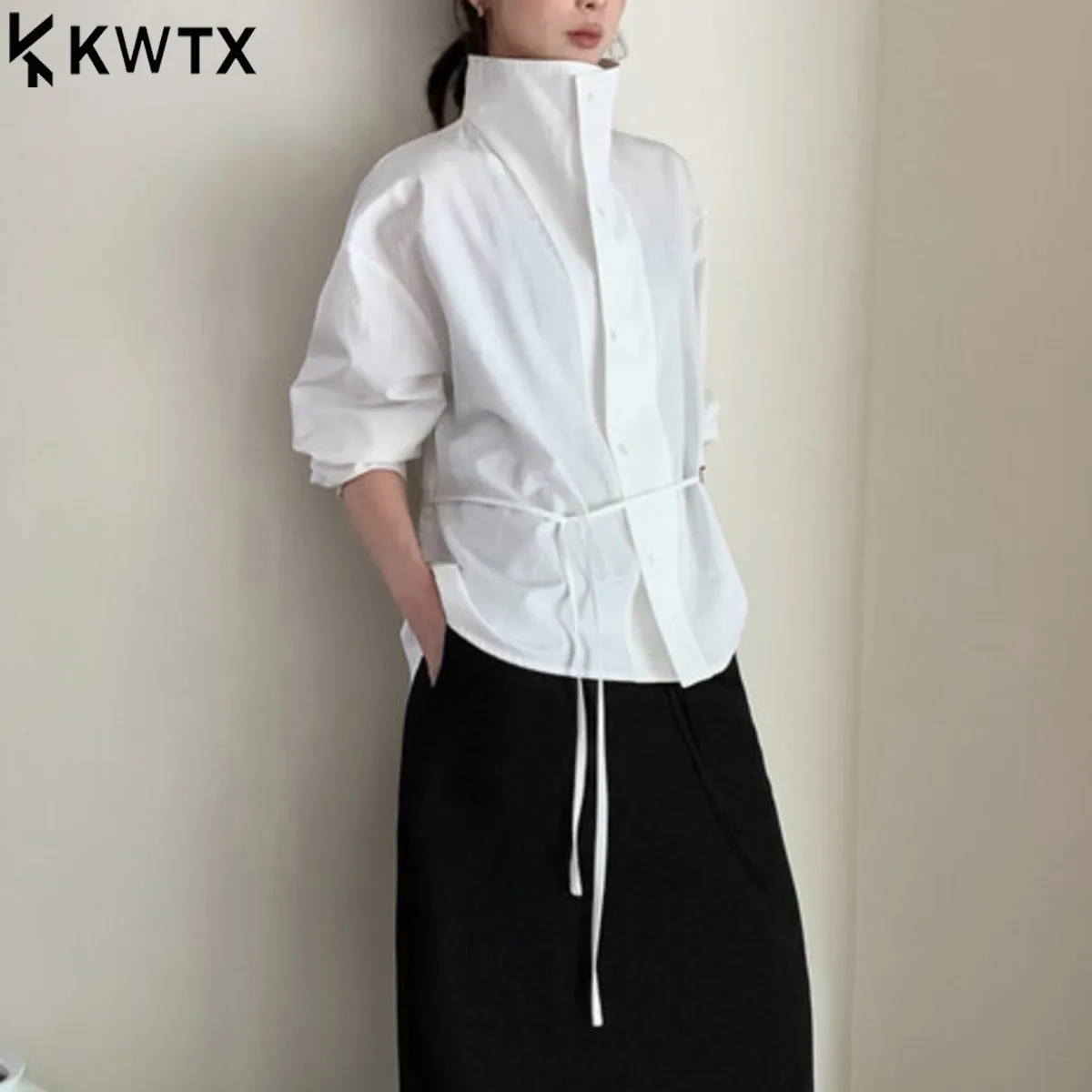 

KWTX 2025 Trendy Elegant Linen Blend Shirt Women Loose Fit Stand Collar Boho Chic Blouse With Waist Tie Casual Early Fall