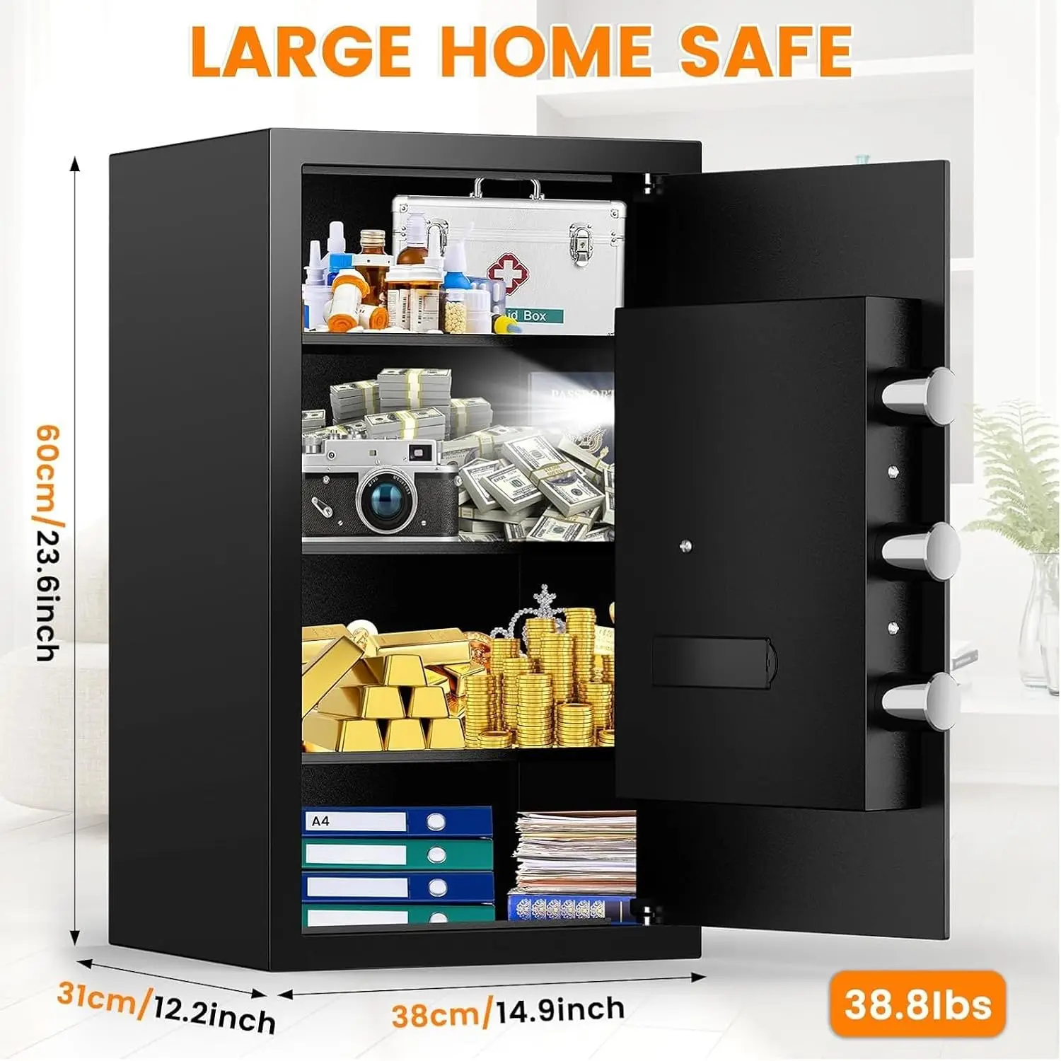 4.3 Cubic Feet Large Home Safes Fireproof Waterproof, Anti-theft Security Personal Safe Box With Digital Keypad & 3 Removable Sh