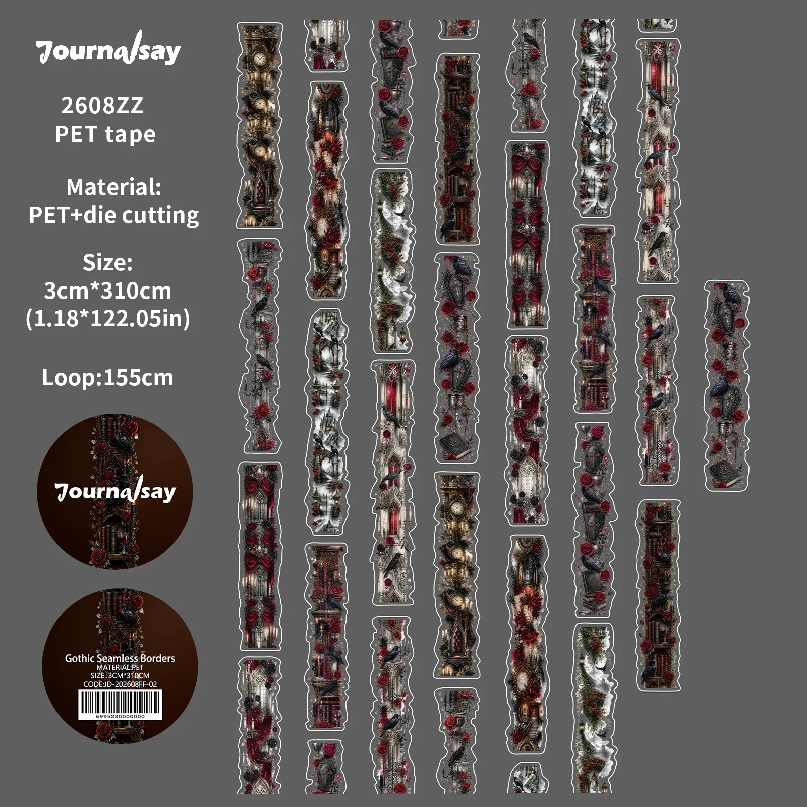JIANWU 30mm*310cm Vintage gotische bloemenboek landschap materiaal collage scrapbooking PET tape creatief DIY dagboek schrijfwaren
