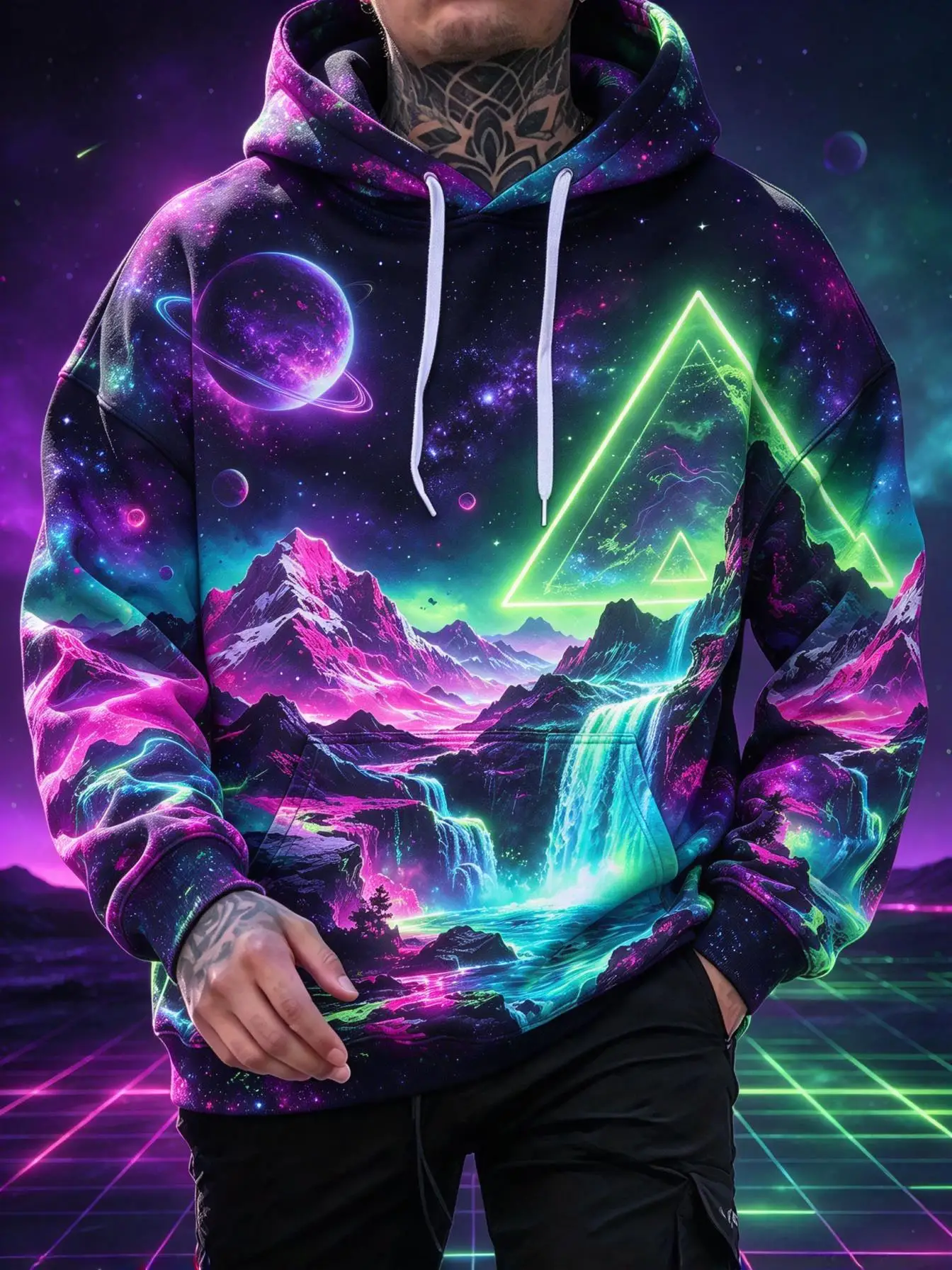 Men's Hoodie Purple Green Neon Cyber Wave Triangle Print Lightweight Stylish Pullover Sweatshirt for Cyberpunk Party Daily Wear
