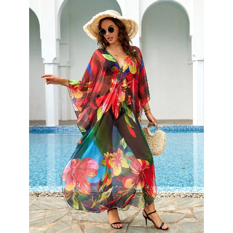 Robe de plage en maille à fleurs pour femmes, cover-up sexy pour maillots de bain, kaftan transparent pour les vacances, offre spéciale, livraison directe