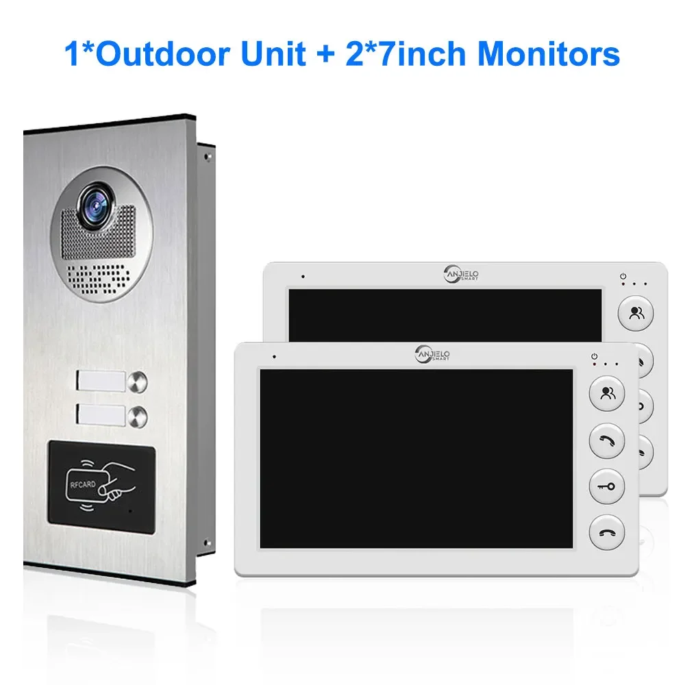 2-familie appartement intercom videodeurbel met RFID-kaart ontgrendelen 7 inch 4 bedraad videodeurtelefoonsysteem