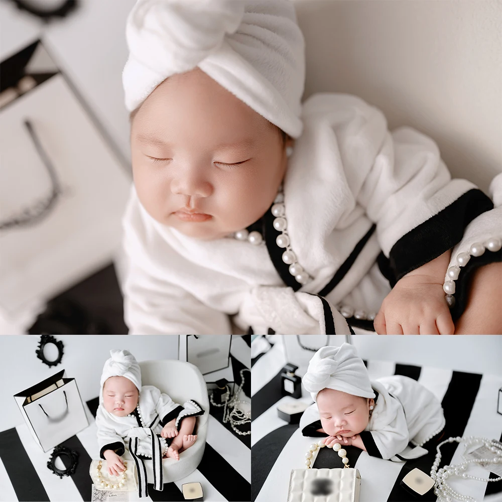 

Fashion Style Newborn Photography Props Delicate Pearl Baby Bathrobe Set Bathtub-Style Pocket Blanket Photo Studio Shooting Prop
