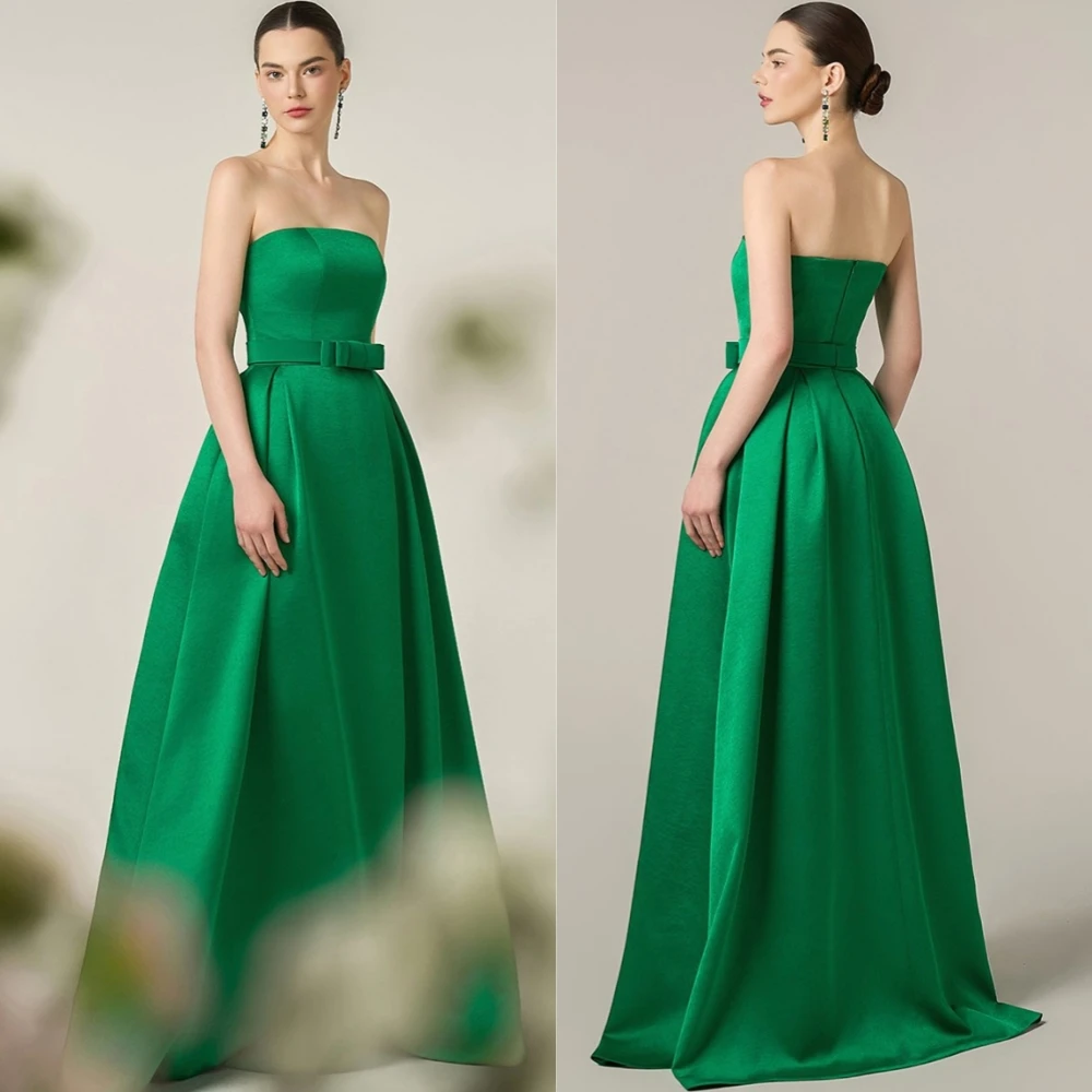 

Customized Elegant Satin Strapless Evening Dress Exquisite Sleeveless Prom Dresses Sexy Sweep Train Special Occasion Gowns