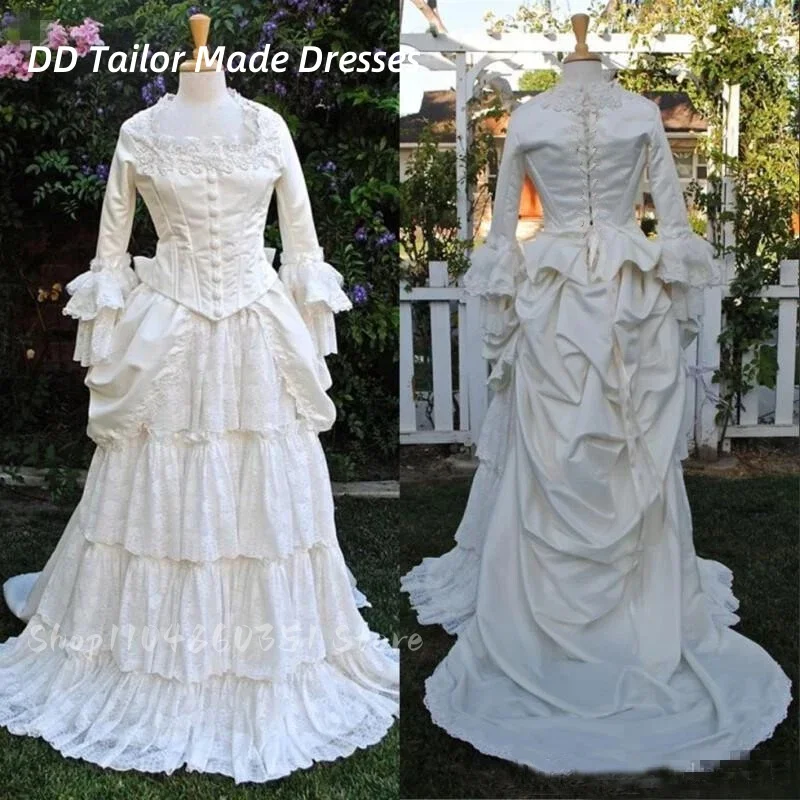 

Vintage Victorian Bustle Wedding Dress Long Sleeves Tiers Lace Corset Retro White Renaissance Medieval Bridal Gowns Customized