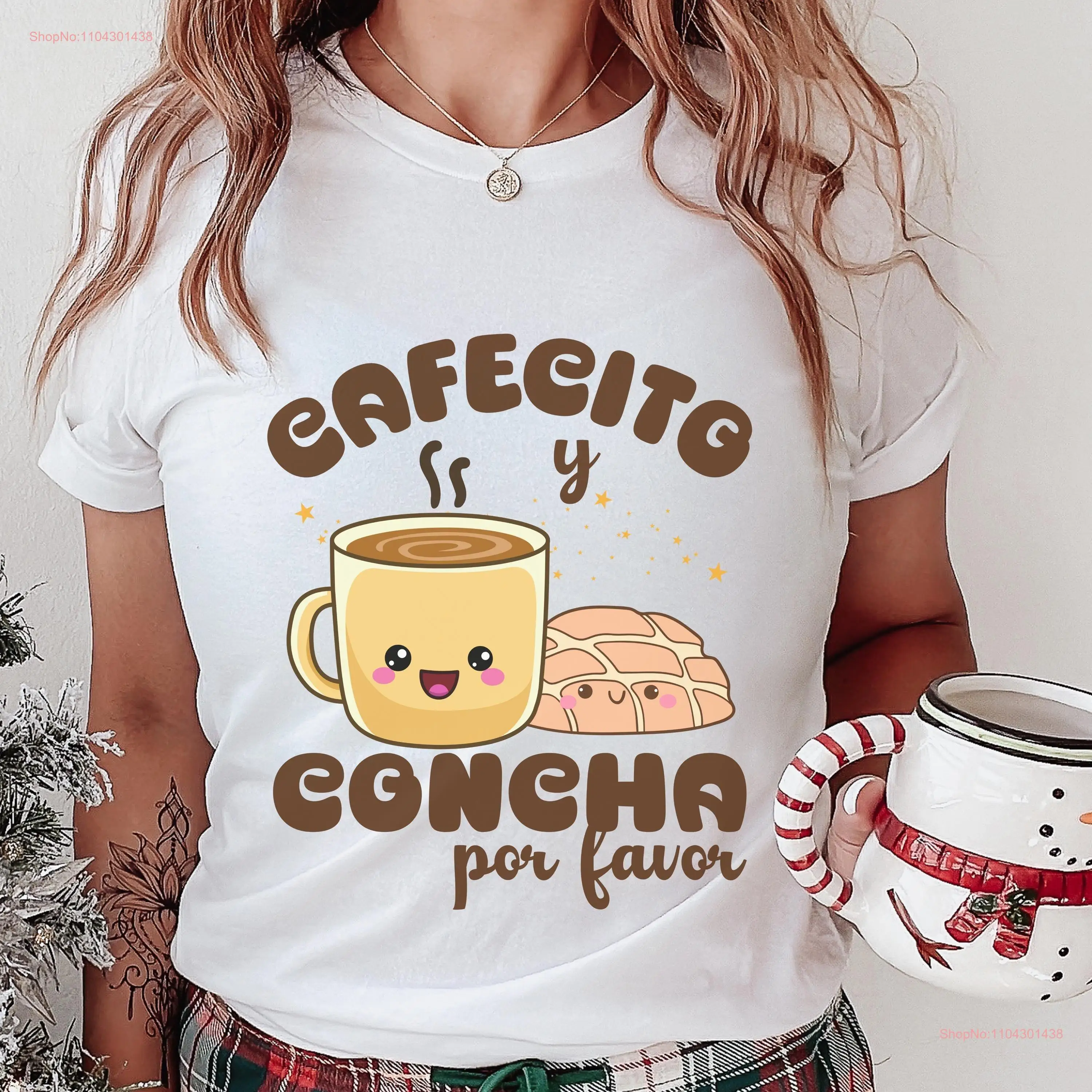 Cafecito y Concha Por Favor T Shirt for Mexican Traditions Lovers Fall Winter Casual Coffee Lover Pan Dulce Family Christmas