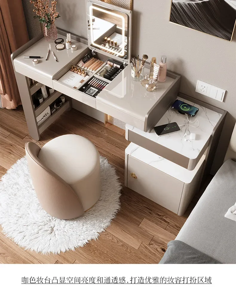 LMM3 bedroom small retractable bedside safe storage integrated clamshell mirror makeup table
