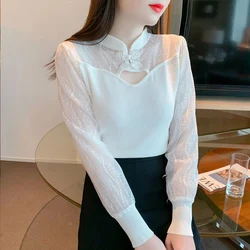 Spring Autumn Round Neck Fashion Long Sleeve Blouse Women Elegant Vintage Lace Patchwork Pullovers Casual Sheer All-match Tops