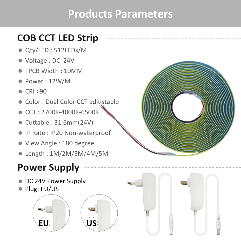 Bande lumineuse LED COB CCT à intensité variable, kit de télécommande sans fil RF, 1m, 2m, 3m, 4m, 5m, 24V, 608 puces, WW, CW, lampe à bande flexible, éclairage linéaire