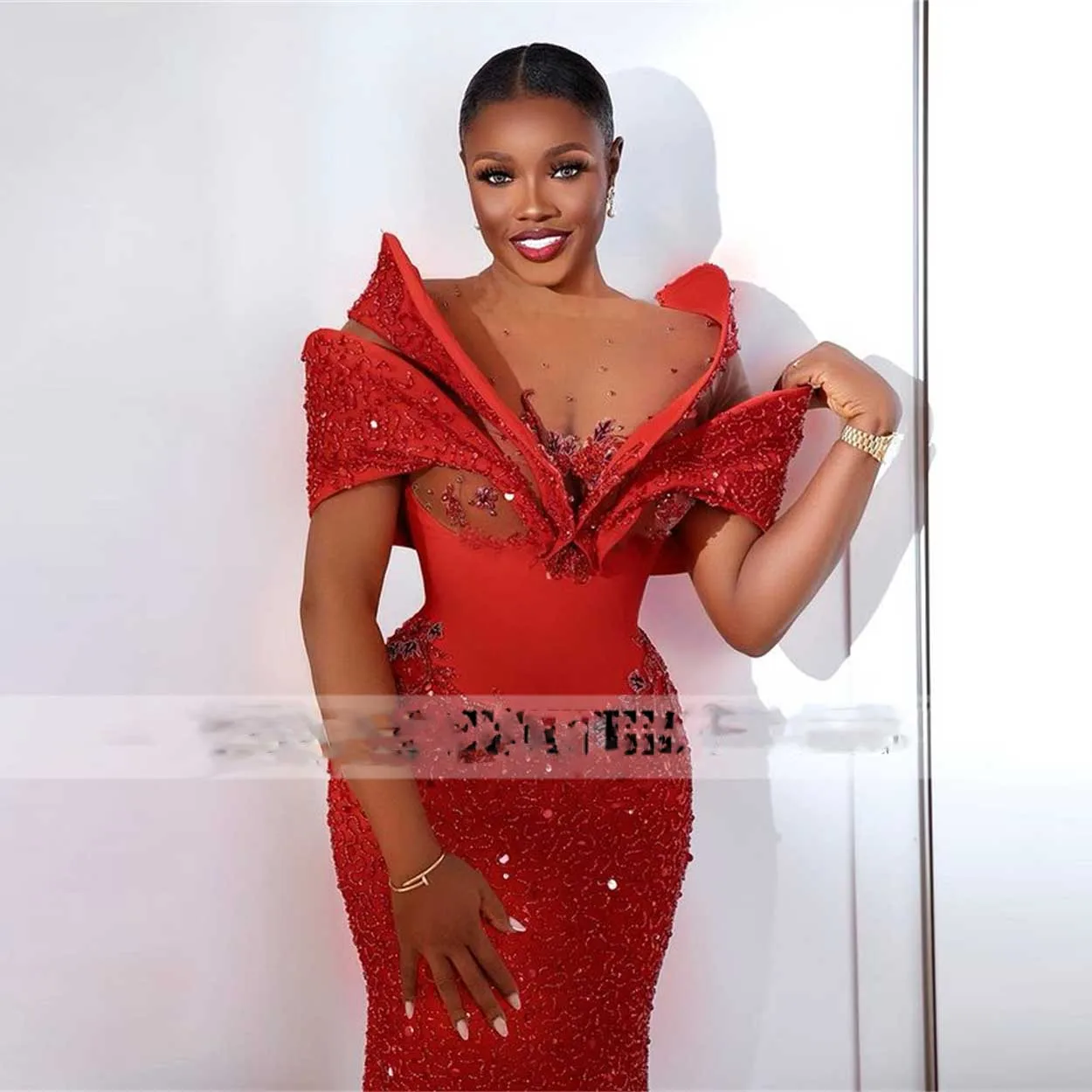 Red Prom Dresses African Women vestidos de ocasión formales Sequins Evening Dress Applique Beads Party Gowns for Wedding Luxury