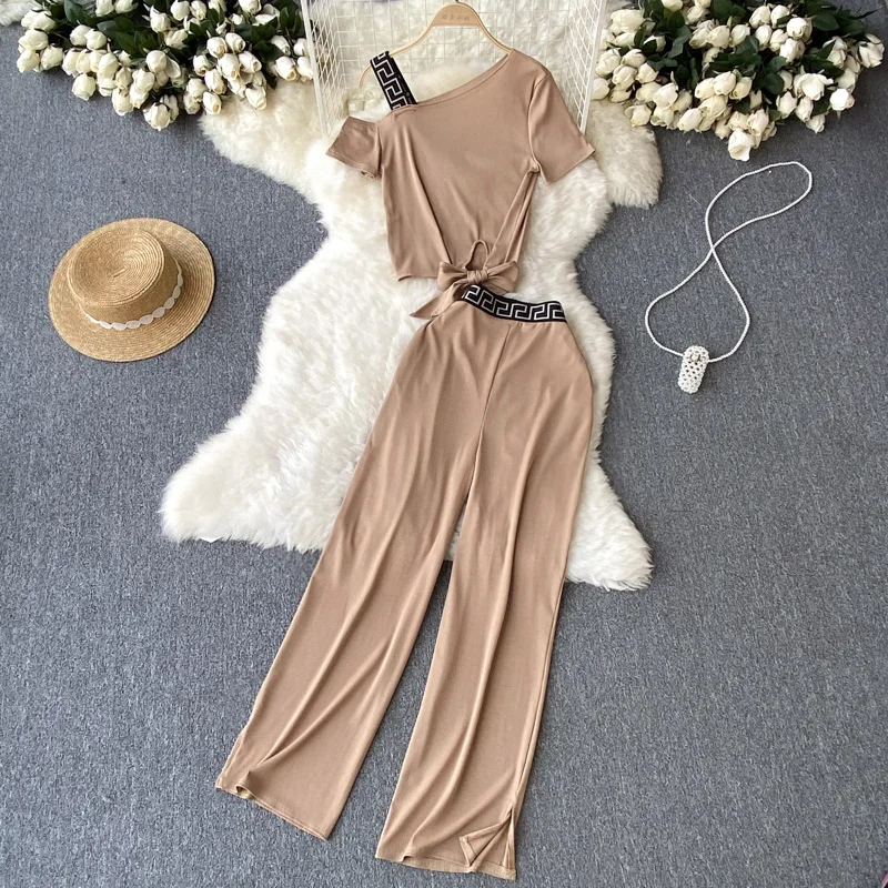 

Summer New Fashion Casual Sports Suit Women's Off-shoulder Single Suspender Short-sleeved Top + High Waist Slit Wide-leg Pants