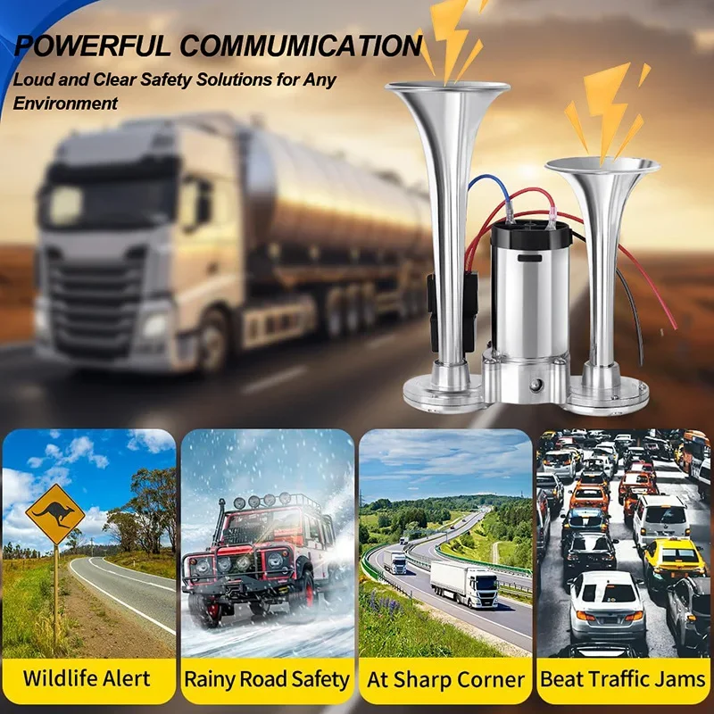 Bocina de aire Universal para coche, 12V, 24V, 600DB, Metal conectado, súper ruidoso, eléctrico, doble trompetas, camión, tren, motocicleta, RV, barco, altavoz
