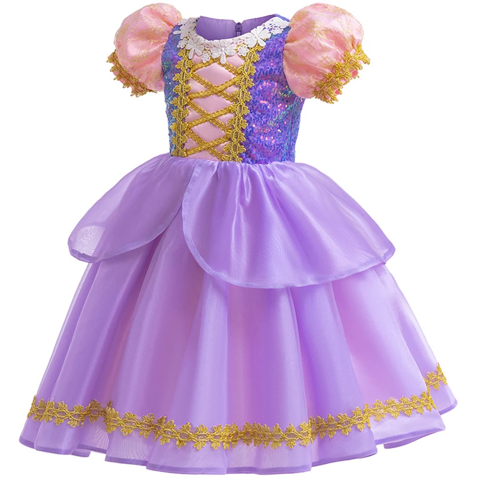 Elegant Kids Princess Costume Pink Purple Lace Up Bodice Puff Sleeve Tulle Gown Girls Birthday Party Halloween Cosplay Outfit