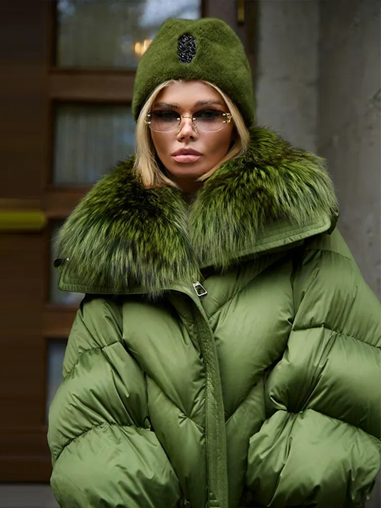 FL, abrigos acolchados con cuello de piel verde para mujer, abrigo holgado de algodón de manga larga con bolsillos y cremallera, chaquetas cálidas de invierno para mujer 2025