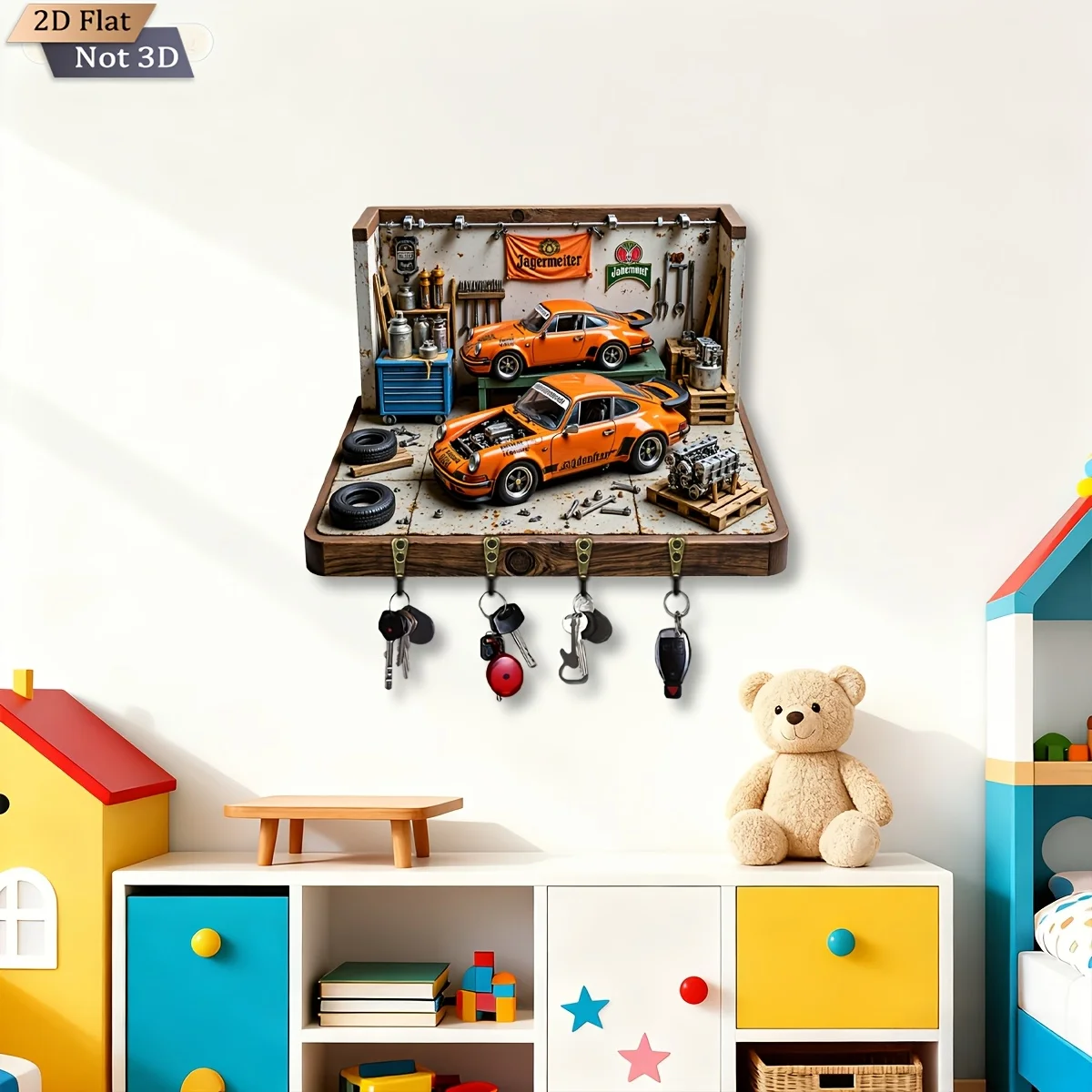 2D Flat, 1pc, Auto Repair Workshop Theme Key Hook, Wooden Multifunctional Home Key Rack, with Four Metal Hooks, Wall