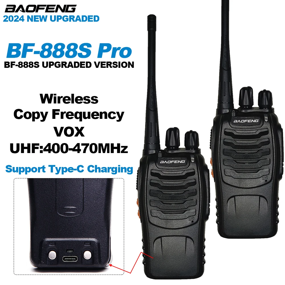 2Pcs Baofeng BF-888S Pro Walkie Talkie BF888S Upgraded Version 2Way Radios 5W 16CH UHF400-470MHz Wireless Copy Frequency Type-C