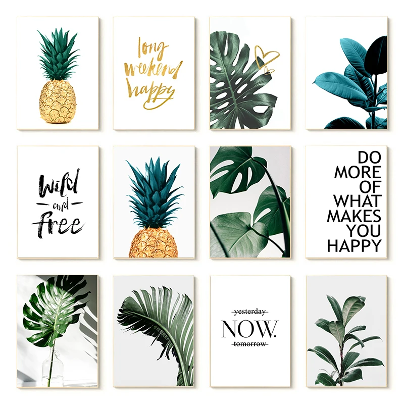 Nordic Gold Pineapple Green Leaves Canvas Painting Wall Art Letters Quotes Posters And Prints Plants Pictures For Living Room